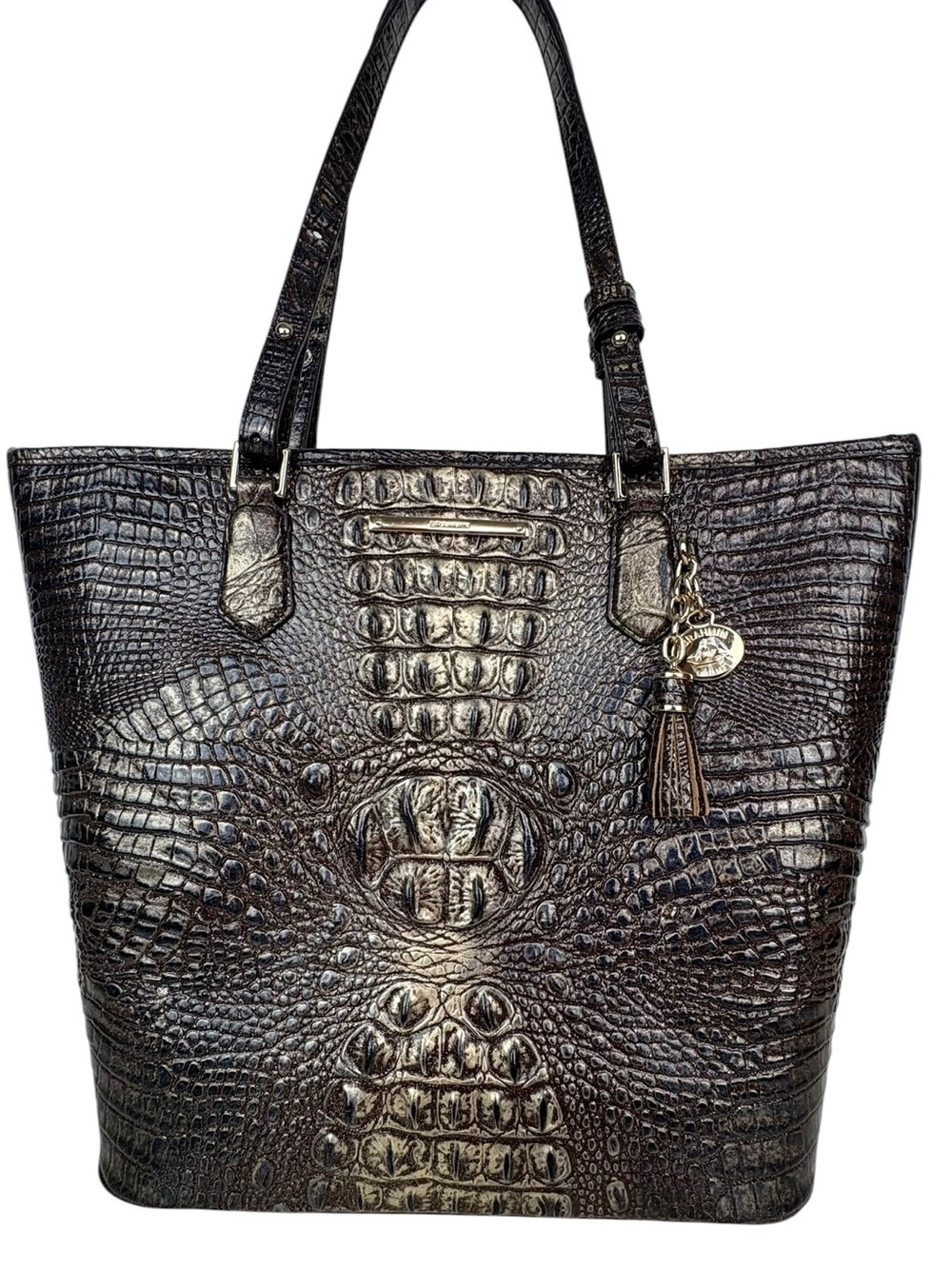 BRAHMIN Croc Embossed Leather Tote Bag Metallic Bronze Large Shoulder Handbag